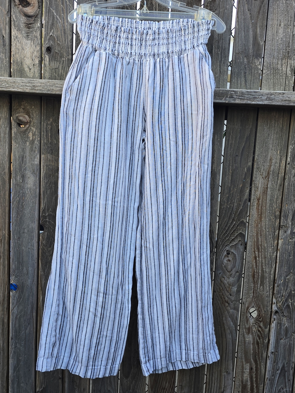 Love Tree Linen Smocked Waist Gray White Striped Wide Leg Pants